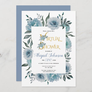 Dusty blue flowers virtual baby or bridal shower invitation