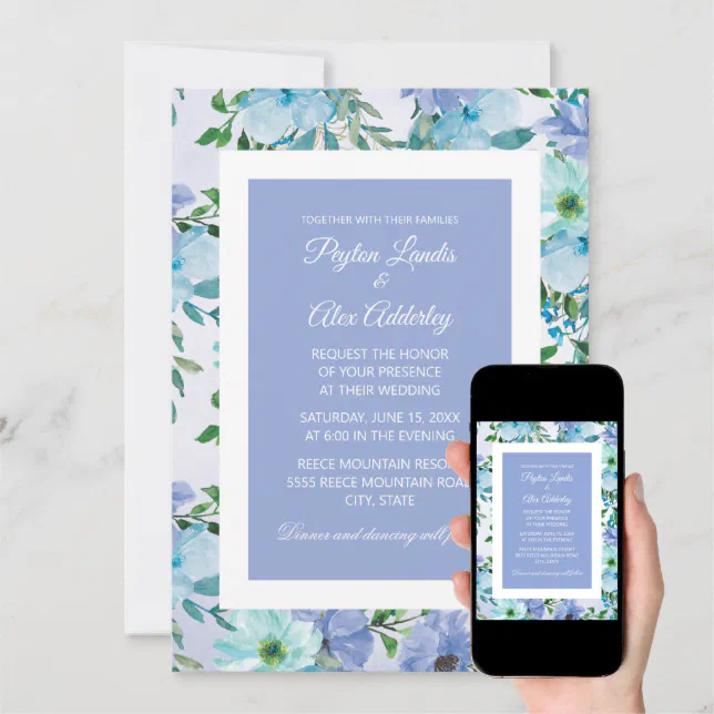 Dusty Blue Flowers Wedding Invitation Zazzle