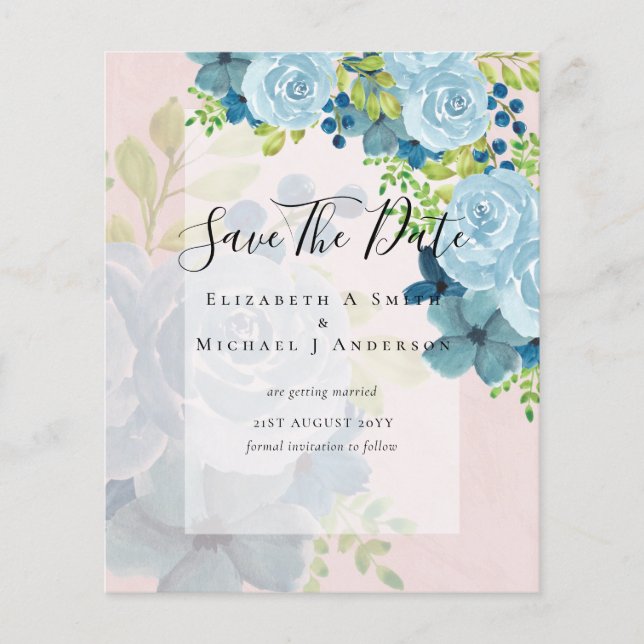 DUSTY BLUE FLOWERS WEDDING INVITES - BUDGET FLYER (Front)