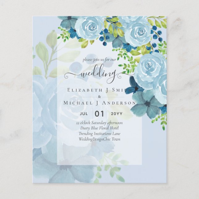 DUSTY BLUE FLOWERS WEDDING INVITES - BUDGET FLYER (Front)