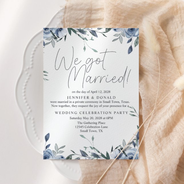 Dusty Blue Flowers Wedding Just Married Invitation (Creator Uploaded)