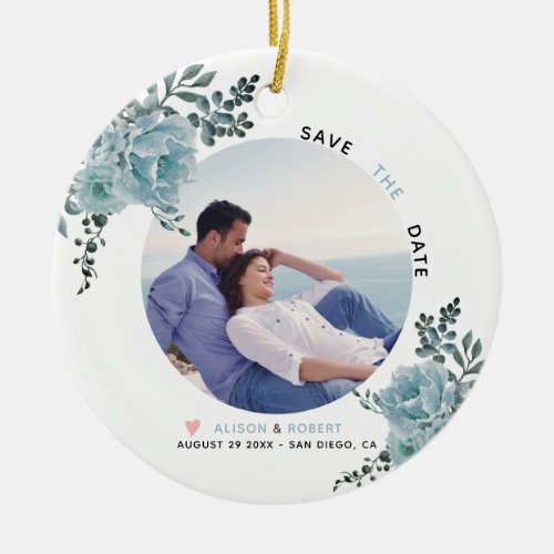 Dusty blue flowers wedding Save the Date photo Ceramic Ornament