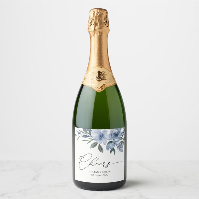 dusty blue flowers wedding sparkling wine label (Front)