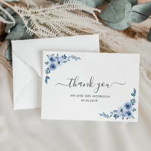 dusty blue flowers wedding thank you card