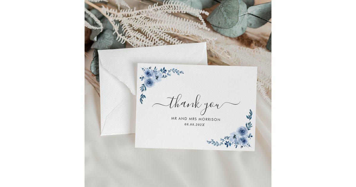 dusty blue flowers wedding thank you card | Zazzle