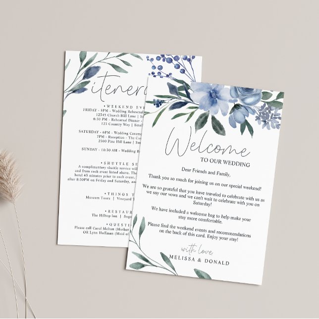 Dusty Blue Flowers Welcome Letter & Itinerary Note Card (Creator Uploaded)