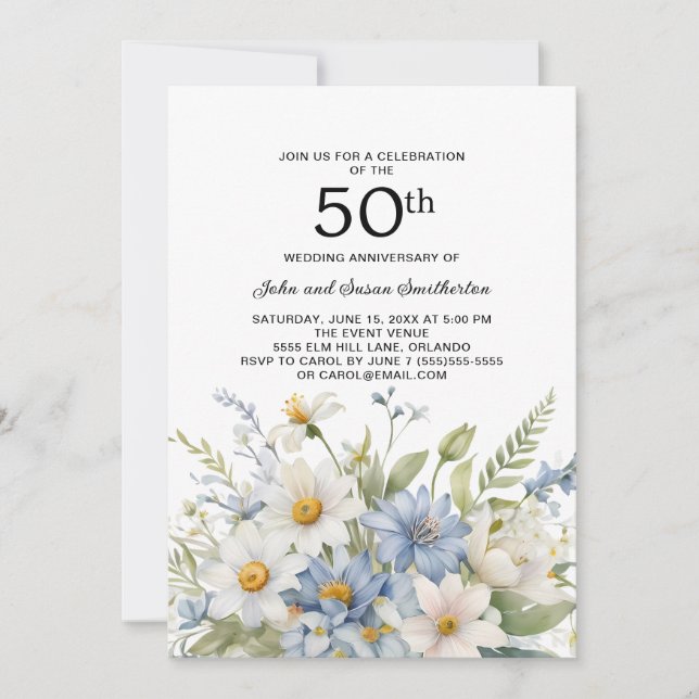 Dusty Blue Flowers White Daisies 50th Anniversary Invitation (Front)