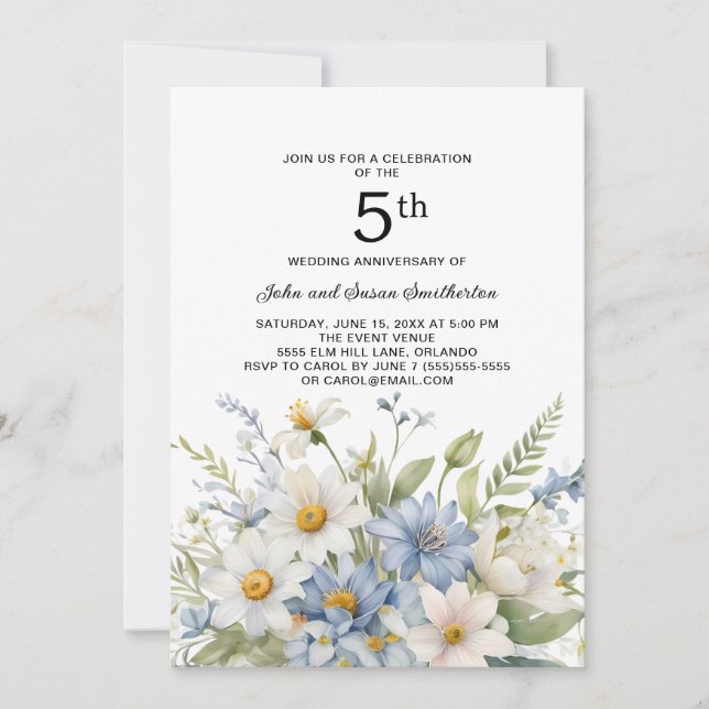 Dusty Blue Flowers White Daisies 5th Anniversary Invitation (Front)