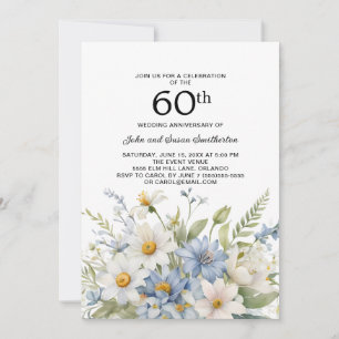 Dusty Blue Flowers White Daisies 60th Anniversary Invitation
