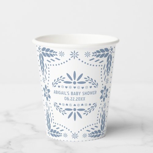 Dusty blue flowers white papel picado baby shower paper cups