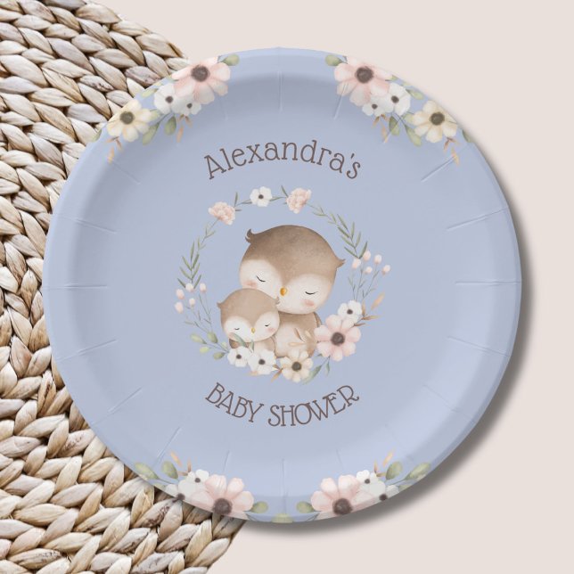 Dusty Blue Flowers Woodland Owl Baby Girl Shower Paper Plates (Creator Uploaded)