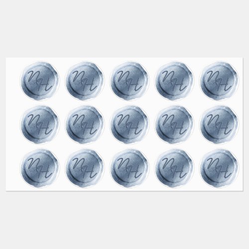 Dusty Blue Foil Wax Seal Initials Wedding Monogram Labels