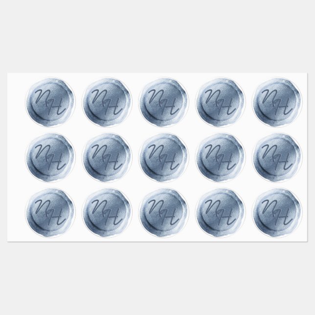 Dusty Blue Foil Wax Seal Initials Wedding Monogram Labels (Sheet)