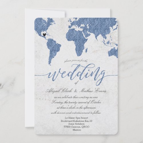 Dusty Blue Foil World Map Destination Wedding Invitation