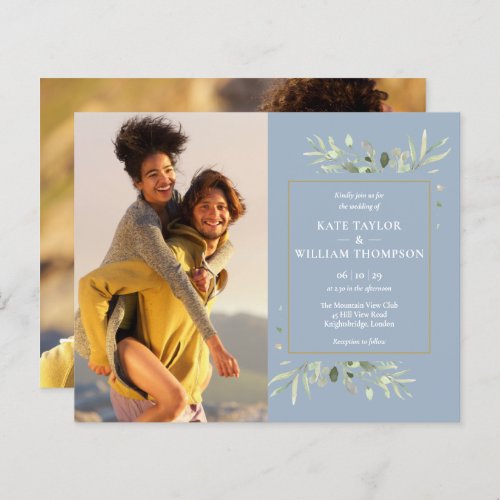 Dusty Blue Foliage Budget Photo Wedding Invitation