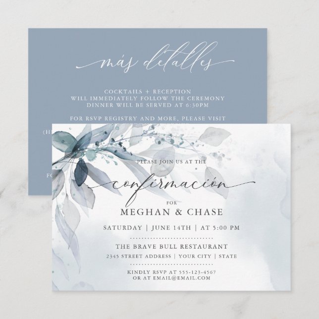 Dusty Blue Foliage CUSTOM3 RSVP DETAILS Invitation (Front/Back)