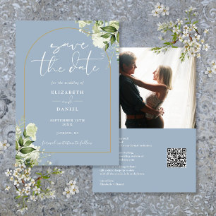 Dusty Blue Foliage Gold Arch Photo QR Code Wedding Save The Date