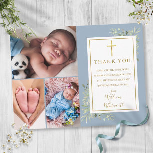 Dusty Blue Foliage Photo Collage Baptism Thank You Postcard