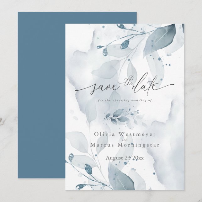 Dusty Blue Foliage Save the Date   Invitation (Front/Back)