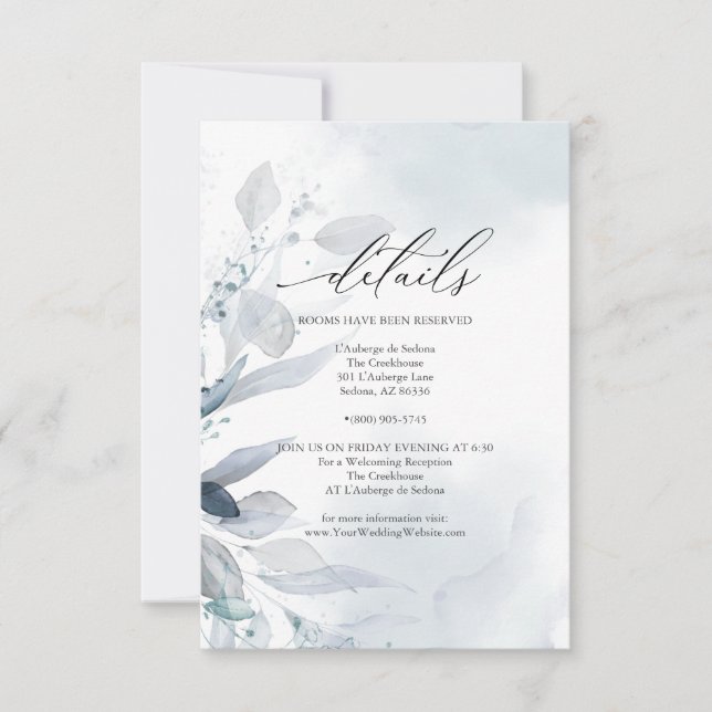 Dusty Blue Foliage Watercolor Details Insert Invitation (Front)