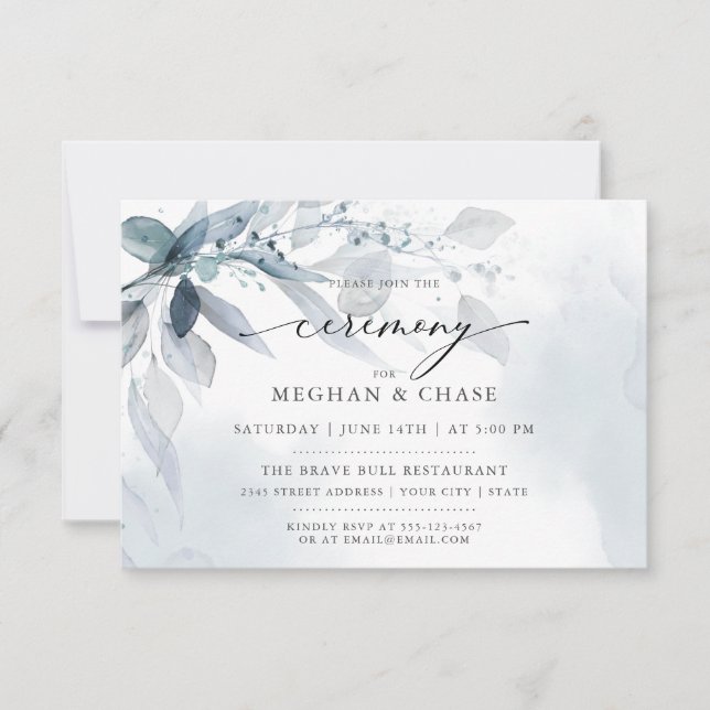 Dusty Blue Foliage Watercolor Rehearsal Dinner Invitation (Front)