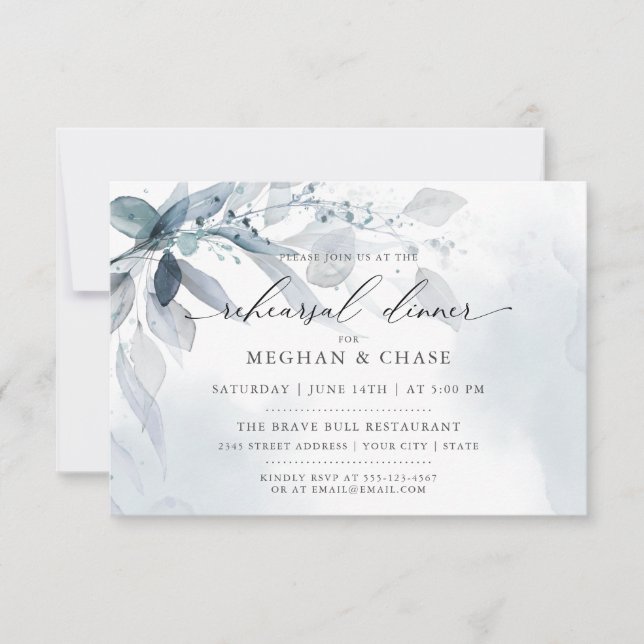 Dusty Blue Foliage Watercolor Rehearsal Dinner Invitation (Front)