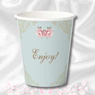 Dusty Blue Foral Peony Vintage Bridal Shower Paper Cups