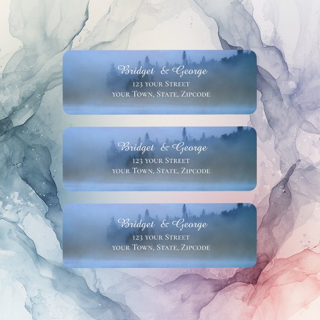 dusty blue forest landscape wedding label (Creator Uploaded)