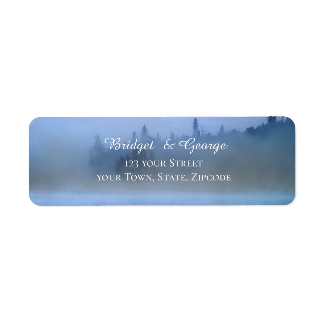 dusty blue forest landscape wedding label (Front)