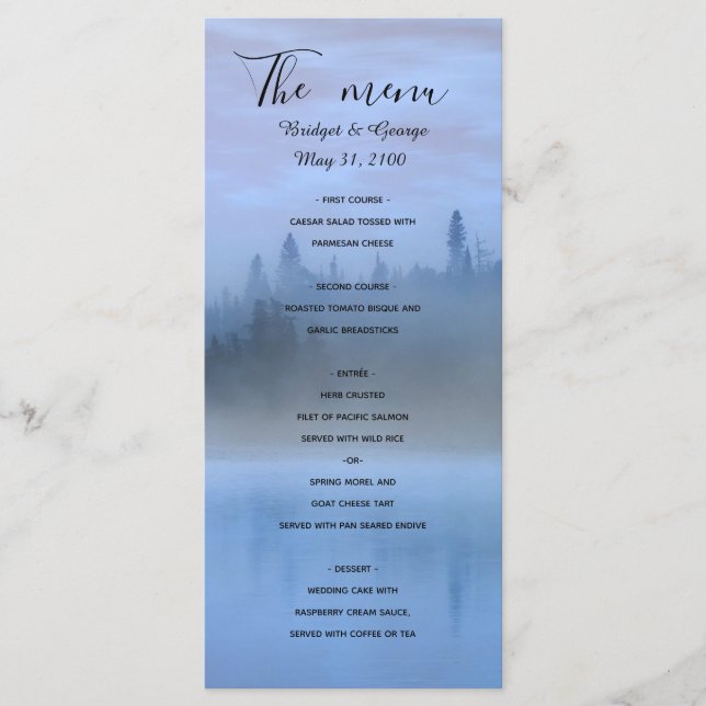 dusty blue forest landscape wedding menu (Front)