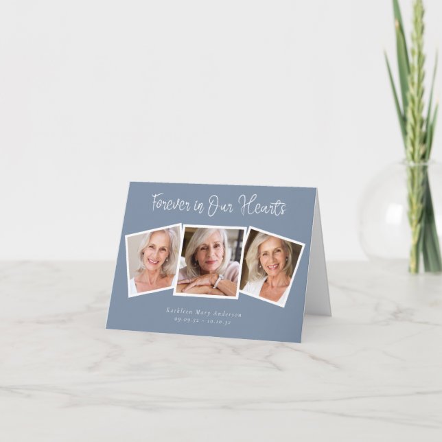 Dusty Blue Forever in Our Hearts Photo Sympathy Thank You Card (Front)