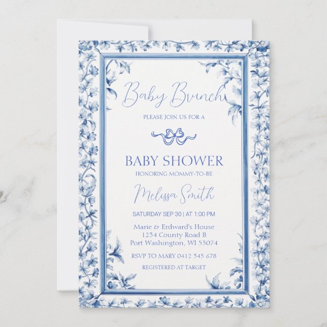 Dusty Blue Frame Cute Ribbon Baby Brunch Invitation (Front)