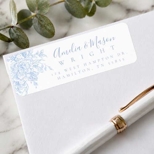 Dusty Blue French Floral Script Wedding Address  Label