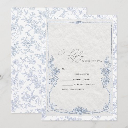  Dusty Blue French Floral Toile Wedding RSVP  