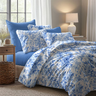 Dusty Blue French Toile Roses Floral Duvet Cover