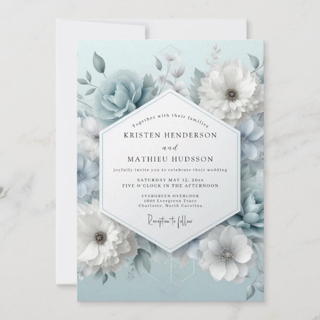 Dusty Blue Frosted Flora Wedding Invitation (Front)