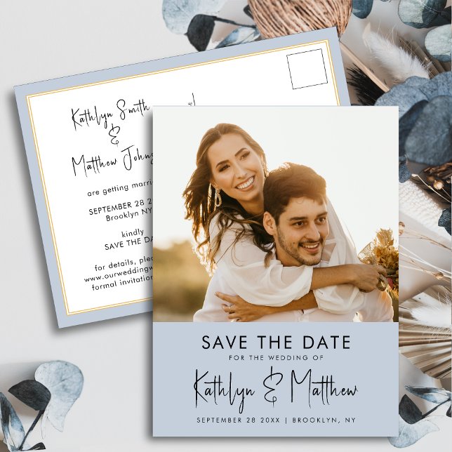 Dusty Blue Fun Script Modern Photo Wedding Announcement Postcard (Creator Uploaded)