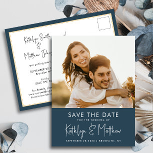 Dusty Blue Fun Script Modern Photo Wedding Save Th Announcement Postcard