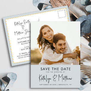 Dusty Blue Fun Script Modern Photo Wedding Save Th Announcement Postcard