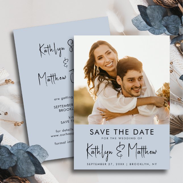 Dusty Blue Fun Script Modern Photo Wedding Save The Date (Creator Uploaded)