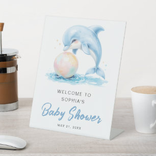 Dusty Blue Funny Dolphin Baby Shower Welcome  Pedestal Sign
