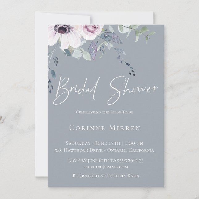 Dusty Blue Garden Floral Bridal Shower Invitation (Front)