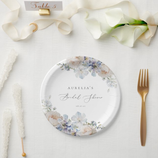Dusty Blue Garden Floral Bridal Shower Paper Plates (Wedding)