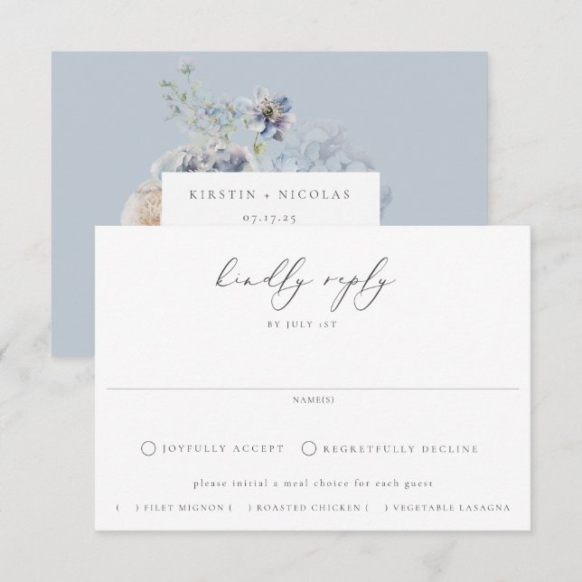 Dusty Blue Garden Floral Meal Choice Wedding RSVP Card (Front/Back)