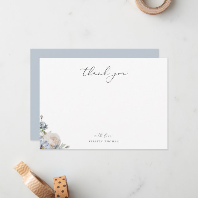 Dusty Blue Garden Floral Thank You Note Card (Front/Back In Situ)
