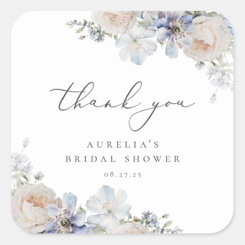 Dusty Blue Garden Floral Thank You Square Sticker