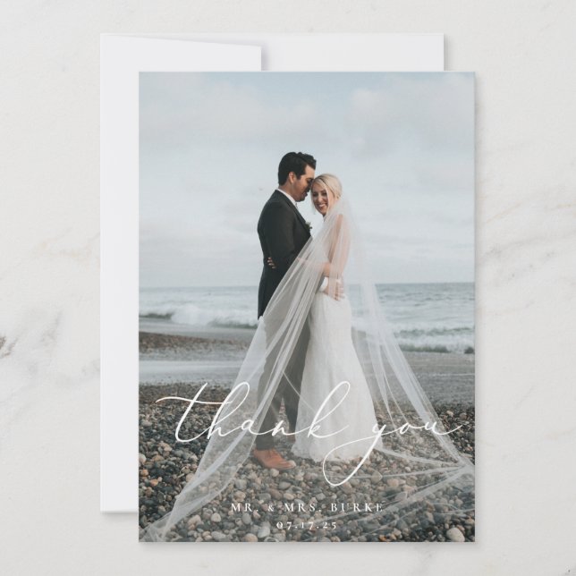 Dusty Blue Garden Floral Wedding Photo Thank You Card (Front)