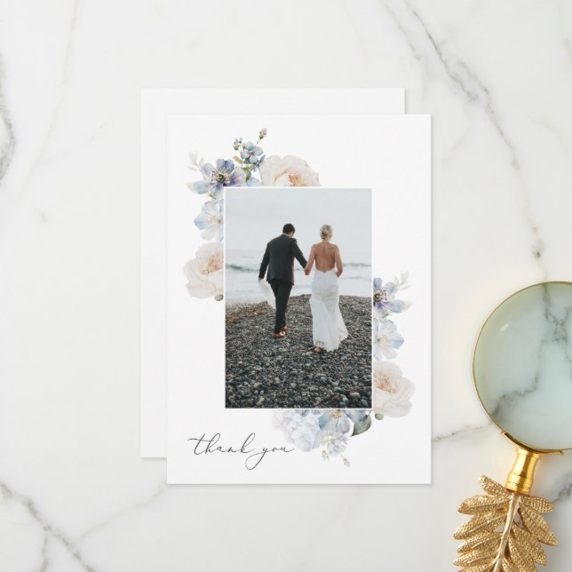 Dusty Blue Garden Floral Wedding Photo Thank You Card (Front/Back In Situ)