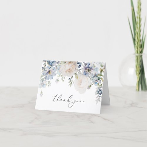 Dusty Blue Garden Floral Wedding Photo Thank You Card
