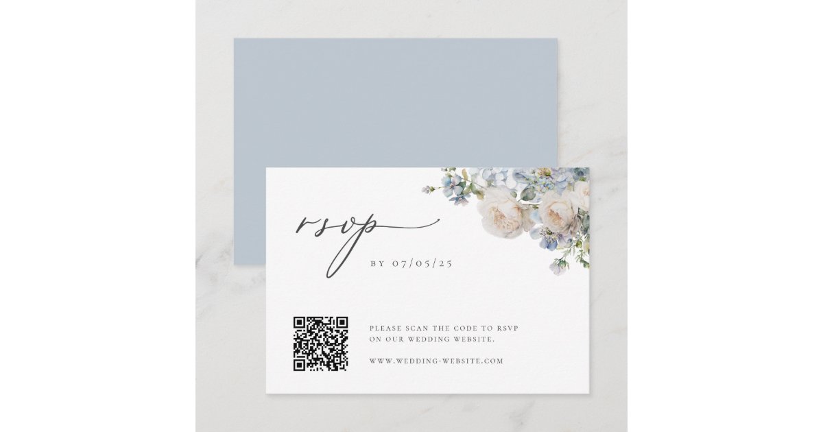 Marry Blue Code Dusty Blue Garden Floral Wedding QR Code RSVP Card | Zazzle